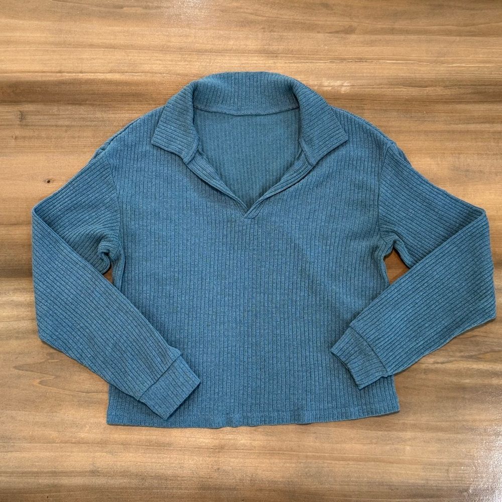 SHEIN Blue Ribbed Knit Collared Pullover Sweater Long Sleeve Casual Cozy Top - Picture 2 of 6